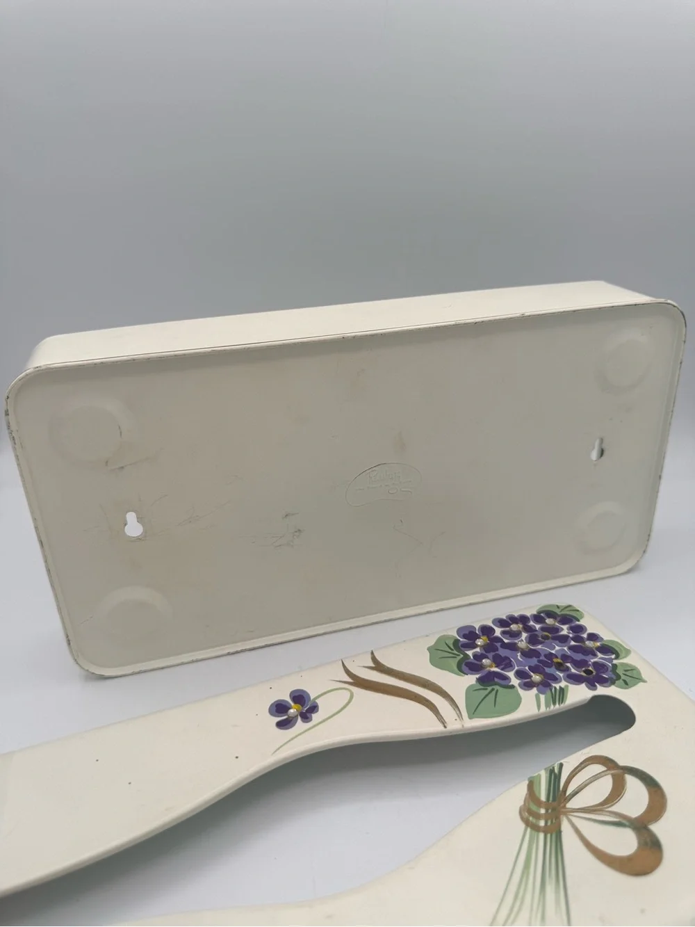 Vtg Mid Century Metal Tissue Box Holder Hand Painted Purple Floral Cottagecore